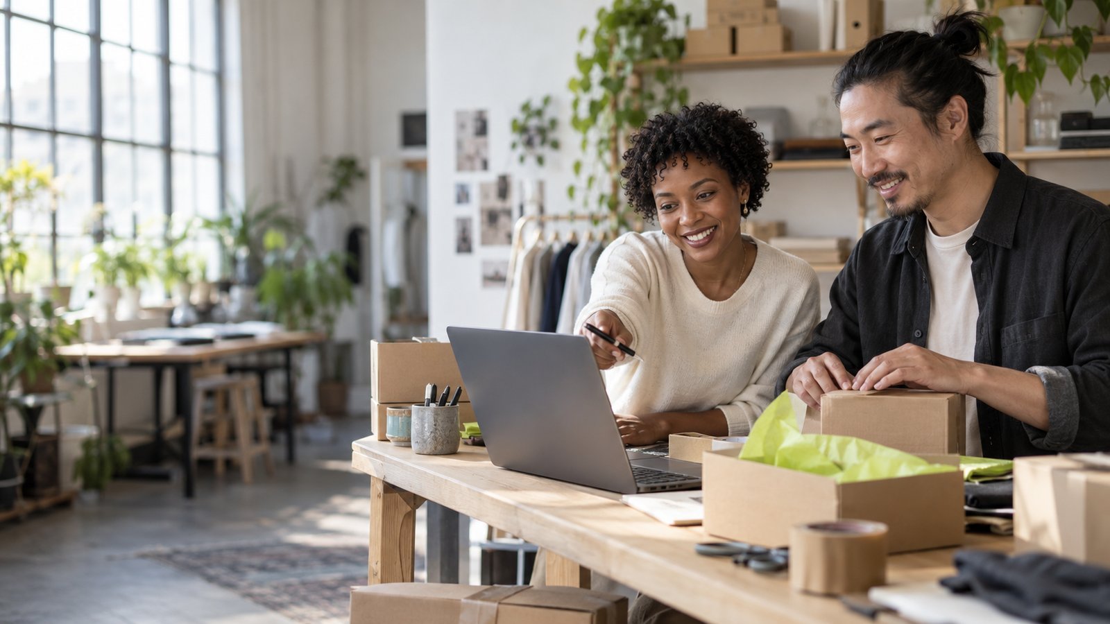 Deux entrepreneurs travaillent ensemble sur leur ordinateur et préparent leurs produits.
